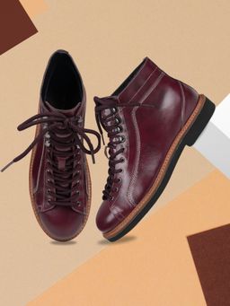 EZOK - Men Lace Up Wine Leather Casual Boots