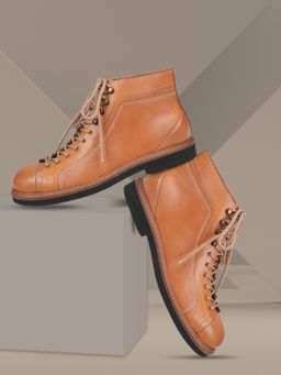 EZOK - Men Lace Up Tan Leather Casual Boots
