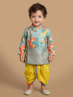 ETHNIKS NEURON - Boys Sage Green Mandarin Collar Kurta Set with Dhoti Pants