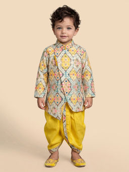 ETHNIKS NEURON - Yellow Printed Mandarin Collar Kurta with Dhoti