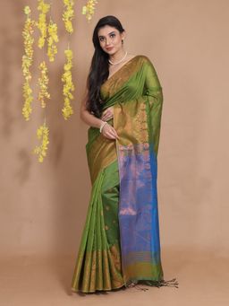 CHARUKRITI - Green Blended Cotton Handwoven Zari Motifs & Floral Borders Saree with Unstitched Blouse