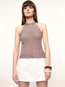 DL WOMAN - Brown Striped Backless Halter Neck Fitted Top