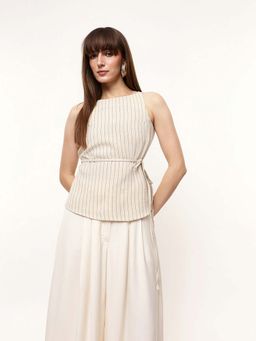 DL WOMAN - Beige Sleeveless Striped Tie-up Top
