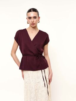 DL WOMAN - Wine Solid Satin Tie-up Top