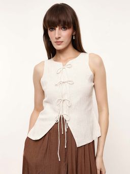 DL WOMAN - Beige Solid Sleeveless Bow tie up top