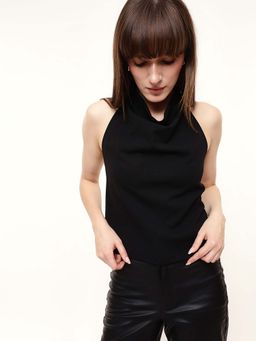 DL WOMAN - Solid Black Cowl Neck Halter Top