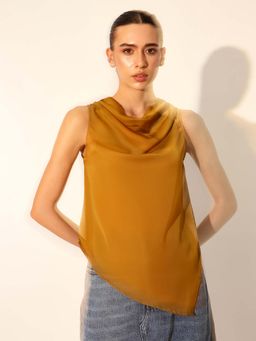 DL WOMAN - Mustard Solid Sleeveless Satin Cowl neck Top