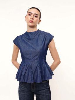 DL WOMAN - Blue High Neck Panelled Denim Peplum Top