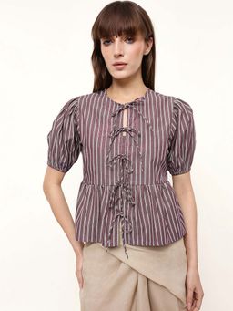 DL WOMAN - Purple Striped Puff Sleeve Korean Front Tie-Up Cotton Peplum Top
