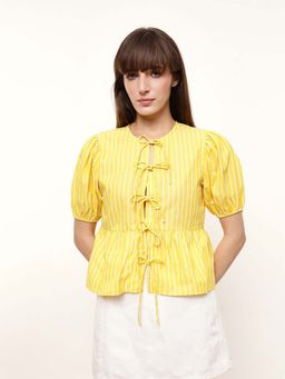 DL WOMAN - Yellow Striped Puff Sleeve Korean Front Tie-Up Cotton Peplum Top