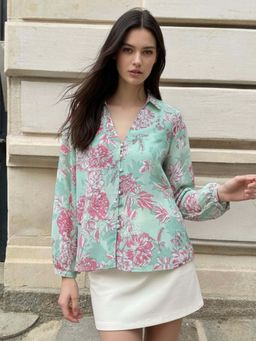 Outzidr - Green Floral Printed Button Down Shirt