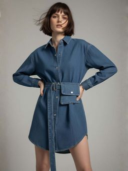 Outzidr - Blue Oversized Dress With Belt Pocket