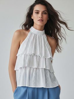 Outzidr - White Halter Neck Tiered Top