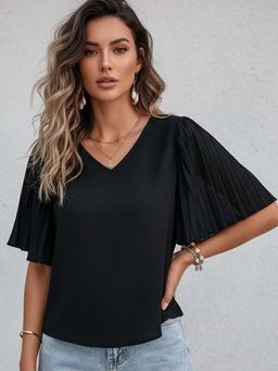 Outzidr - Black Flared Sleeve V Neck Top