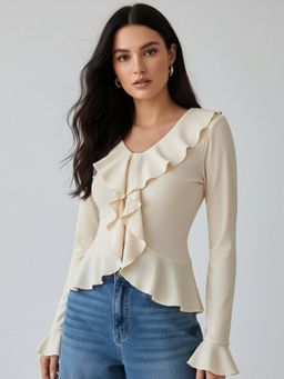 Outzidr - Off White Ruffle Detail Bell Sleeve Top