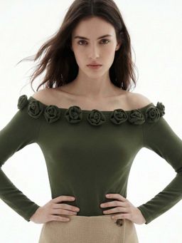 Outzidr - Olive Off-Shoulder Full Sleeved Top With Floral Embellishments