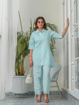 Gahan - Blue Schiffli Shirt Collar Roman Silk Co-Ord Set