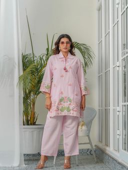 Gahan - Pink Floral & Swan Embroidered Shirt Collar Roman Silk Co-Ord Set