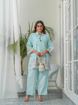 Gahan - Blue Floral & Swan Embroidered Shirt Collar Roman Silk Co-Ord Set