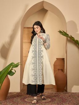 Gahan - Womens Off White Printed Mandarin Neck Pure Cotton Kurta with Palazzo