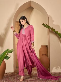 Gahan - Womens Pink V-Neck Art Silk Anarkali Kurta with Pant & Dupatta