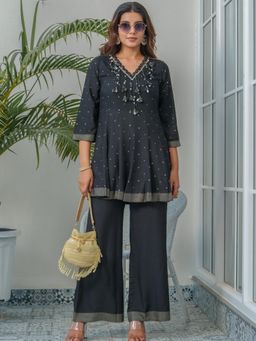 Gahan - Black Printed V-Neck Pure Cotton Co-Ord Set