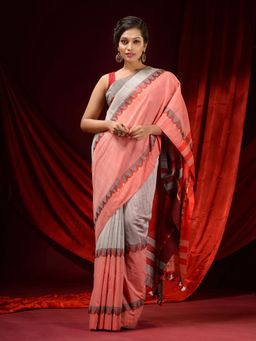 CHARUKRITI - Grey and Peach Pure Cotton Handwoven Temple Borders Saree with Unstitched Blouse