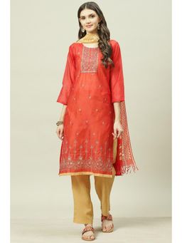 Biba - Red Chanderi Unstitched Suit (Set of 3)