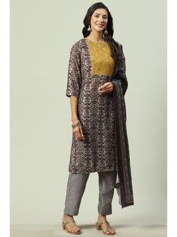 Biba - Brown & Multi Cotton Unstitched Suit (Set of 3)