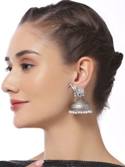 OOMPH - Oxidised Silver Large Jhumka Earrings - Elephant Design Women
