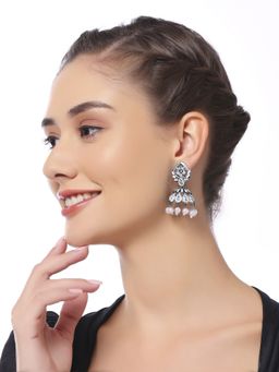 OOMPH - Oxidised Silver Large Jhumka Earrings - White Meenakari Floral Design