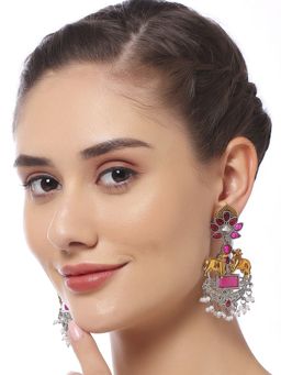 OOMPH - Oxidised Silver Ethnic Drop Earrings - Gold Nandi Cow Design Women