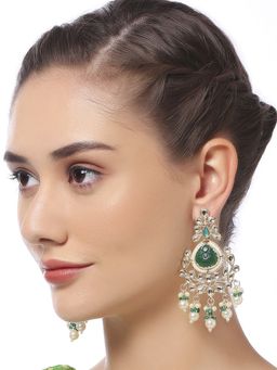 OOMPH - Green Engraved Jaipur Stones & Kundan Ethnic Drop Earrings - Floral Design