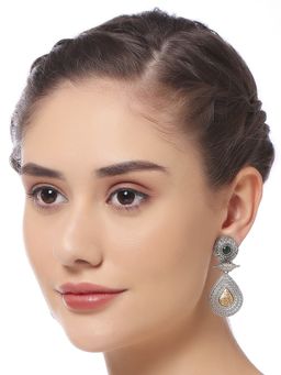 OOMPH - Oxidised Silver Ethnic Drop Earrings - Gold Teardrop Accents Women