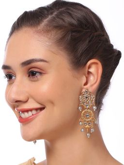OOMPH - Kundan Ethnic Long Drop Earrings - Matte Gold & Silver Tone Floral Design