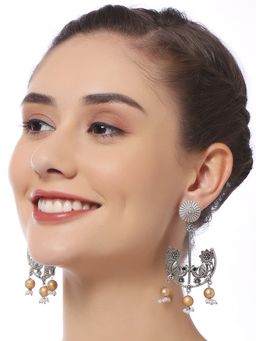 OOMPH - Oxidised Silver Ethnic Drop Earrings - Peacock Design with Golden Ghugroo