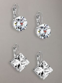 OOMPH - Combo of 2 Silver Tone Round & Square Solitaire Cubic Zirconia Drop Earrings