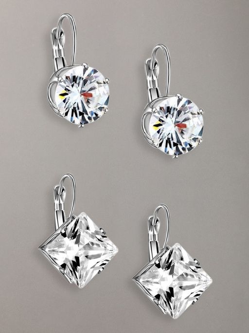 OOMPH Combo of 2 Silver Tone Round & Square Solitaire Cubic Zirconia Drop Earrings