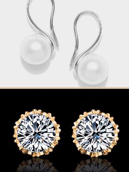 OOMPH - Combo of 2 Pearl & Crown Cubic Zirconia Stud & Drop Earrings