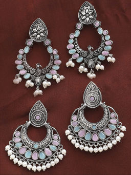 OOMPH - Combo of 2 Silver Oxidised Chandbali Earrings - Pink & Ferozi Blue Peacock Shape