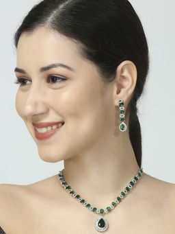 OOMPH - Green American Diamond Pendant Necklace Set - Teardrop Statement Design
