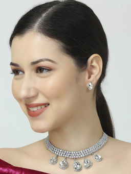OOMPH - Silver Cubic Zirconia Pendant Choker Necklace Set - Teardrop Statement