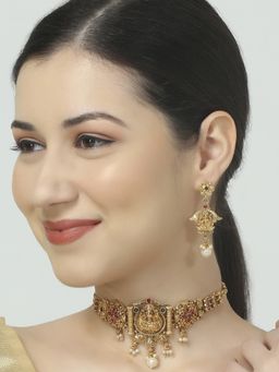 OOMPH - Gold Goddess Laxmi Choker Necklace Set - Temple Theme Stylish Latest