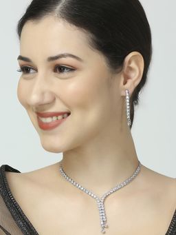 OOMPH - Silver Cubic Zirconia Lariat Pendant Necklace Set - Delicate