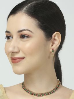 OOMPH - Green & Ruby Pink Ethnic Choker Necklace Set - Delicate