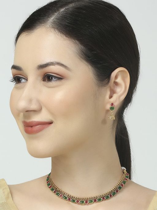 OOMPH Green & Ruby Pink Ethnic Choker Necklace Set - Delicate