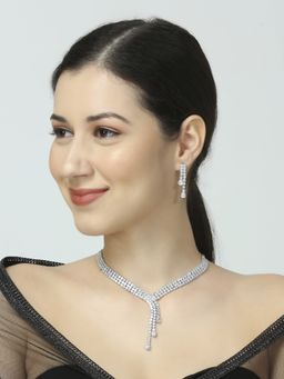 OOMPH - Silver Cubic Zirconia Lariat Pendant Necklace Set -Statement