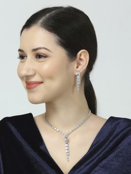 OOMPH - Silver Cubic Zirconia Lariat Pendant Necklace Set - Delicate