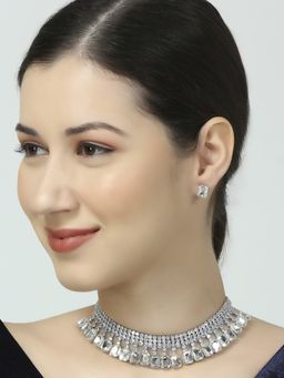 OOMPH - Silver Cubic Zirconia Choker Necklace Set - Statement Stylish Latest