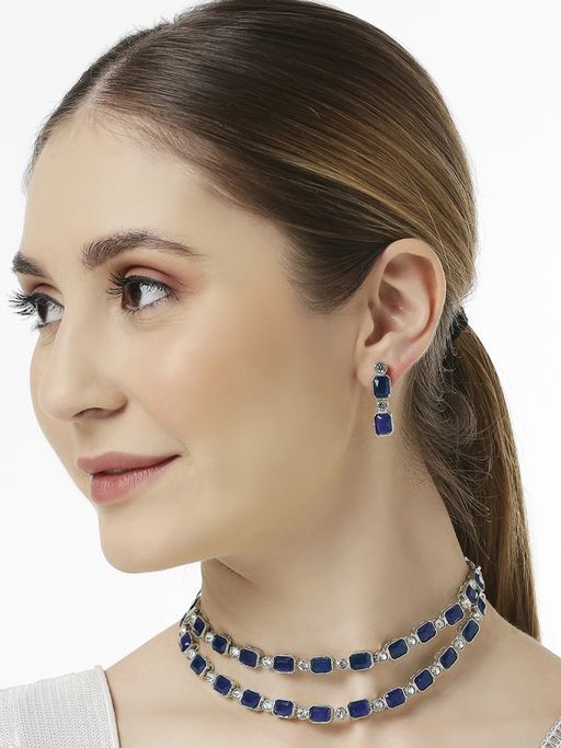 OOMPH Blue Crystal Multi Layer Choker Necklace Set Look Stylish Latest